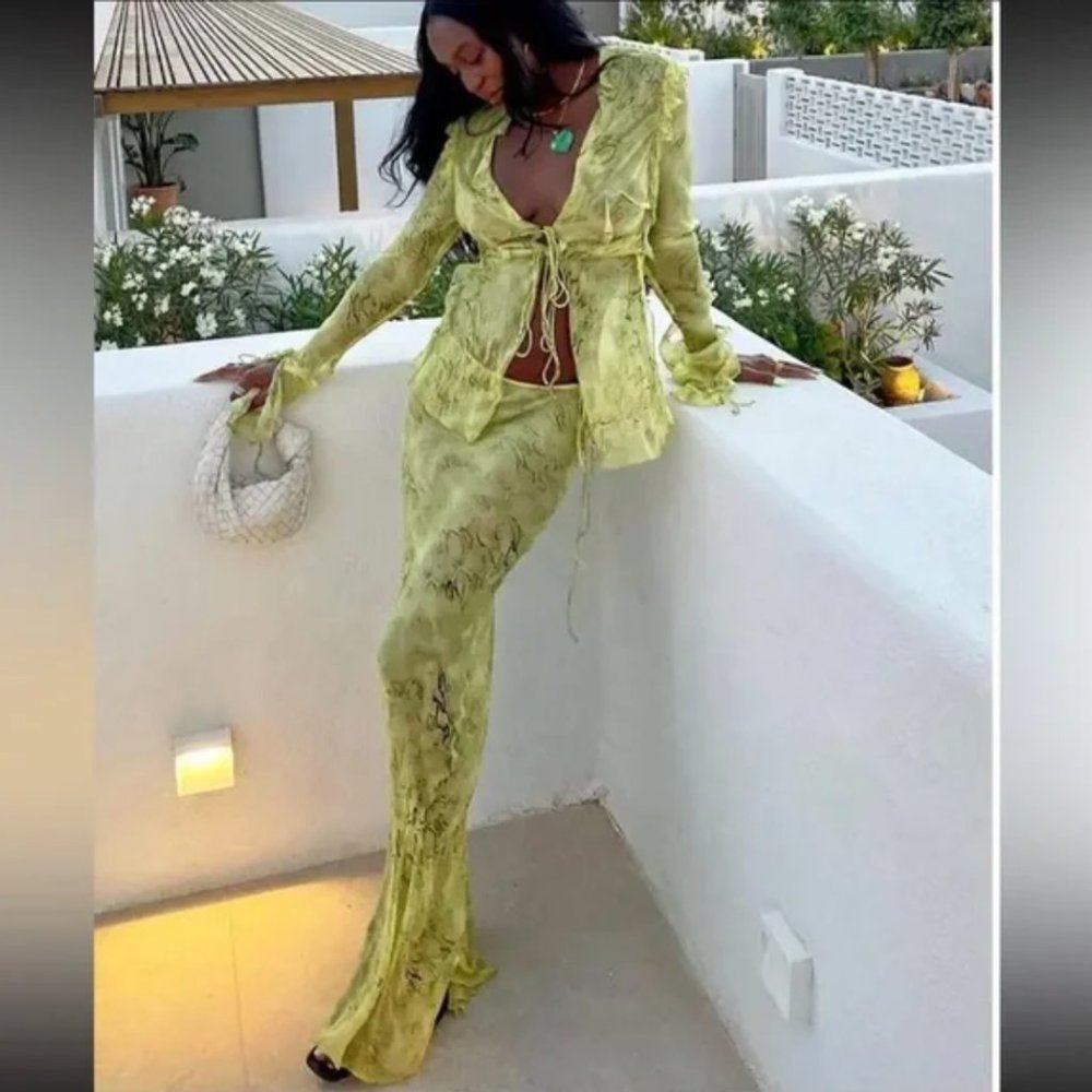 2 pieces match set see through green blouse + maxi skirt